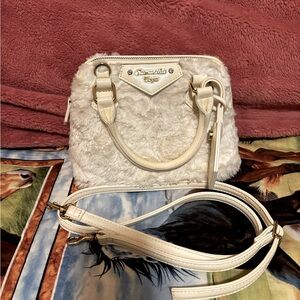 SAMANTHA VEGA Mini Small Furry Crossbody Handbag - White and Gold - Like New